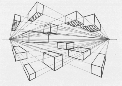 2 Point Perspective, 3D Perspective, Geometric Shapes, Line, Depth Illusion Drawing