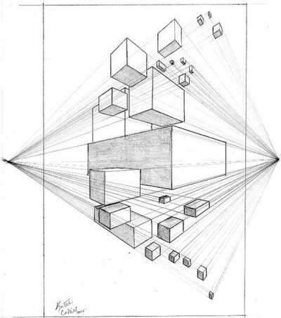 2 Point Perspective Art, 3D Perspective, Geometric Shapes, Cubes, Technique Drawing