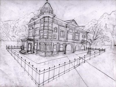 2 Point Perspective, Historic Mansion, Architectural, Vintage Building, Detailed, Landscape Outline Drawing