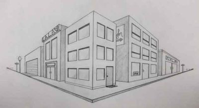 2 Point Perspective, Urban Buildings, Cityscape, Architecture, Storefront Drawing