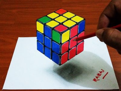 3D Rubiks Cube, Spatial Challenge, Puzzle Game, Colorful Cubes, Brain Teaser Drawing