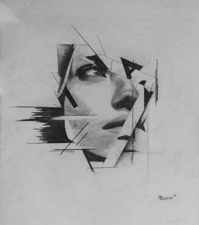 Abstract Face, Artistic Representation, Visual Expression, Geometric Shapes, Creative Design Drawing