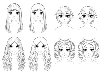 Anime Girl Hair, Colorful Styles, Stylish Locks, Playful Tresses, Vibrant Strands Drawing