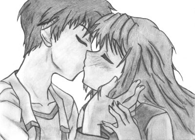 Anime Kiss, Romantic Moment, Heartfelt Connection, Whimsical Scene, Emotional Bond Drawing