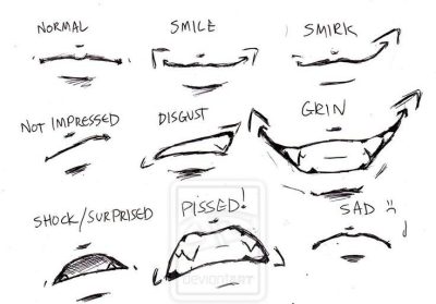 Anime Mouth, Exaggerated Emotions, Stylized Expressions, Expressive Features, Cartoonish Design Drawing