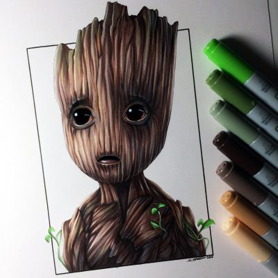 Baby Groot, Tiny, Mischievous, Guardian, Adorable Drawing