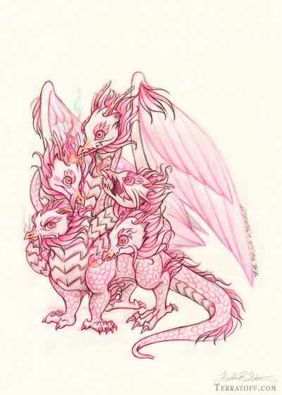 Baby Hydra, Aquatic Fantasy, Mythical Creature, Regenerative Being, Small Monster Drawing