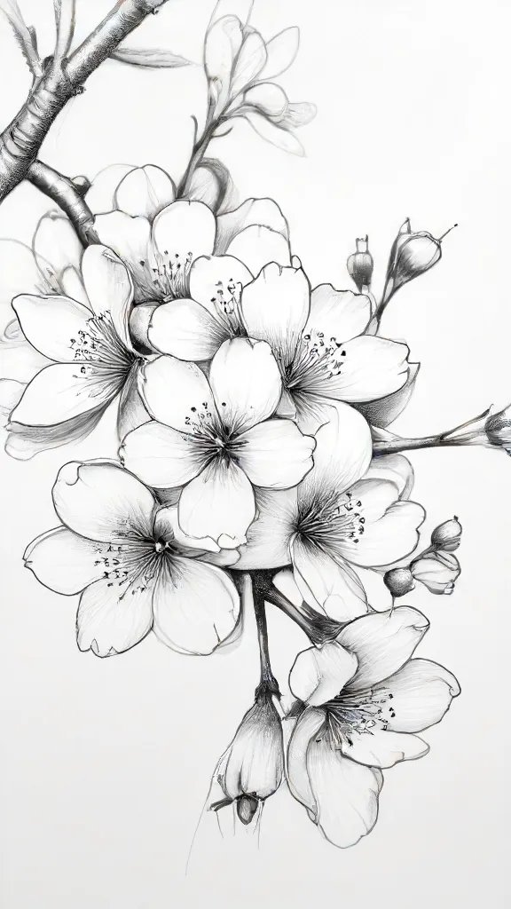 Cherry Blossoms Drawing Sketch Image