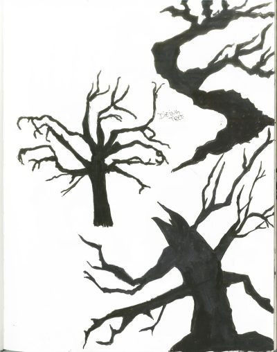 Dead Tree, Withered Branches, Lifeless Bark, Decaying Roots, Fallen Leaves Drawing