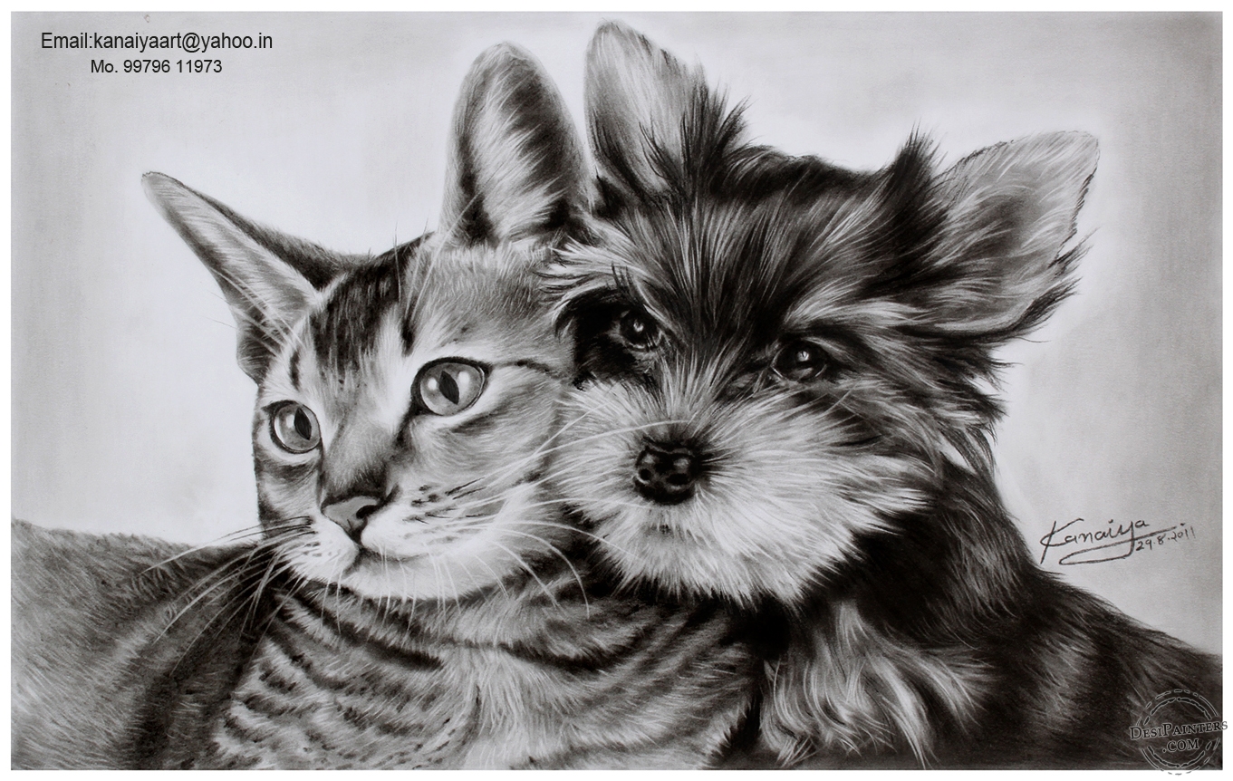 Dog and Cat Drawing Realistic Sketch