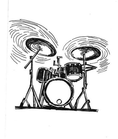 Drum Set, Musical Ensemble, Rhythm Instruments, Percussion Kit, Drumming Equipment Drawing