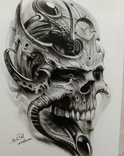 Evil Skull, Macabre Aesthetic, Malevolent Symbol, Dark Horror, Sinister Design Drawing