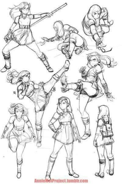 Female Action Poses, Energetic Expressions, Fierce Postures, Dynamic Stances, Empowered Movements Drawing