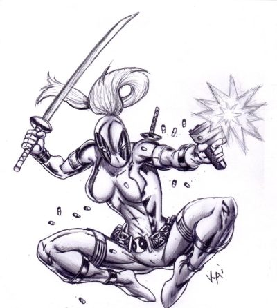 Female Deadpool, Mercenary, Quirky, Antiheroine, Unconventional Drawing