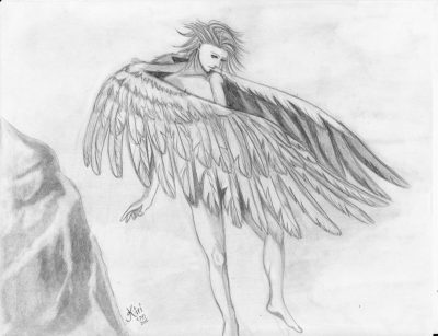 Flying Angel, Heavenly Guide, Ethereal Being, Soaring Spirit, Celestial Guardian Drawing