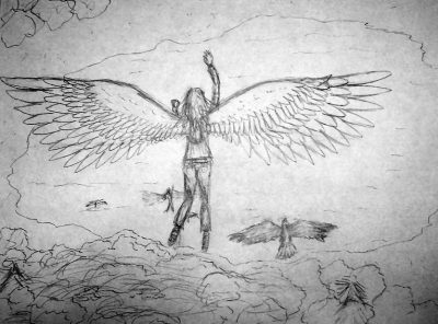 Flying Angel, Celestial Guide, Divine Messenger, Heavenly Protector, Soaring Guardian Drawing