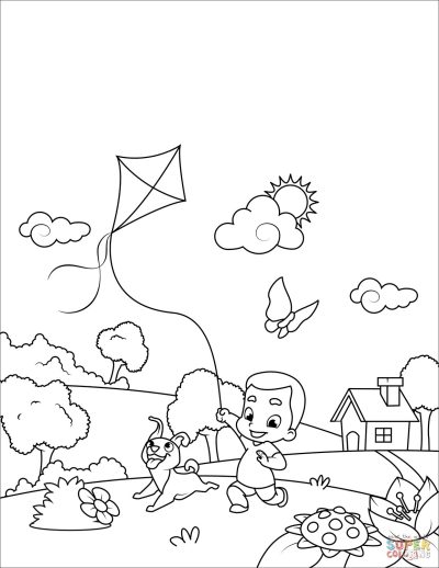 Flying Kite, Joyful Outdoors, Colorful Tails, Breezy Skies, Childlike Wonder Drawing