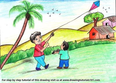 Flying Kite, Joyful Outdoors, Colorful Tails, Breezy Skies, Childlike Wonder Drawing