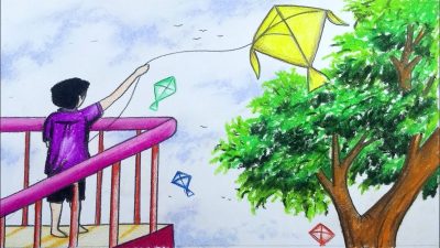 Flying Kite, Wind Dance, Outdoor Joy, Soaring High, Colorful Tails Drawing