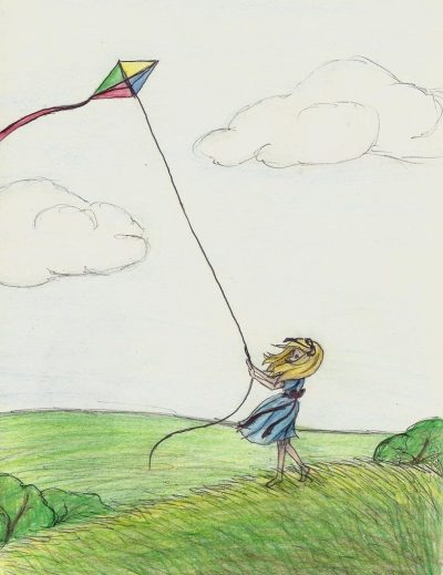 Flying Kite, Soaring High, Joyful Play, Breezy Skies, Colorful Tails Drawing