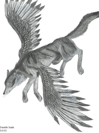 Flying Wolf, Majestic Beast, Aerial Predator, Sky Hunter, Soaring Canine Drawing