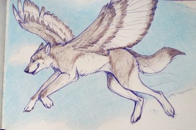 Flying Wolf, Majestic Beast, Aerial Predator, Sky Hunter, Soaring Canine Drawing