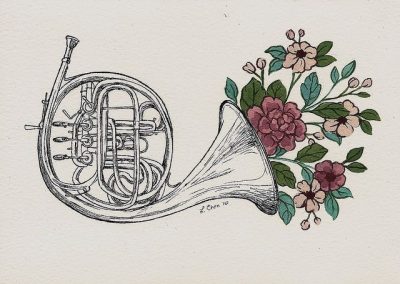 French Horn, Musical Melody, Brass Instrument, Orchestral Sound, Elegant Tone Drawing