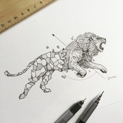 Geometric Lion, Polygonal Design, Modern Aesthetics, Animal Sculpture, Abstract Art Drawing