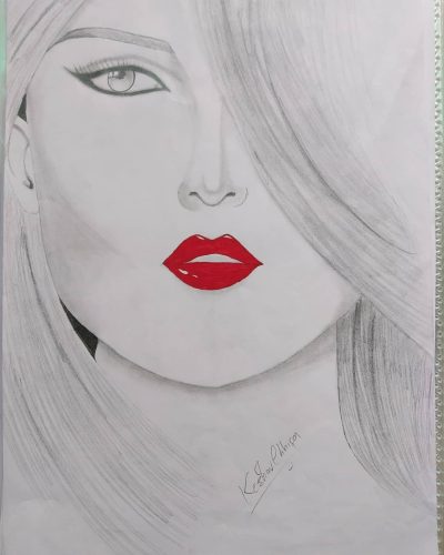 Girl Red Lips, Seductive Charm, Vibrant Confidence, Enigmatic Beauty, Alluring Smile Drawing