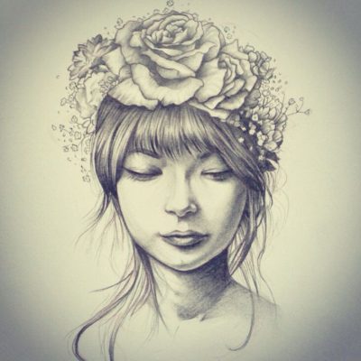 Girl With Flowers, Beauty, Nature, Elegance, Serenity Drawing