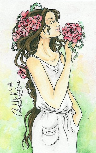 Girl With Flowers, Beauty, Nature, Youth, Serenity Drawing