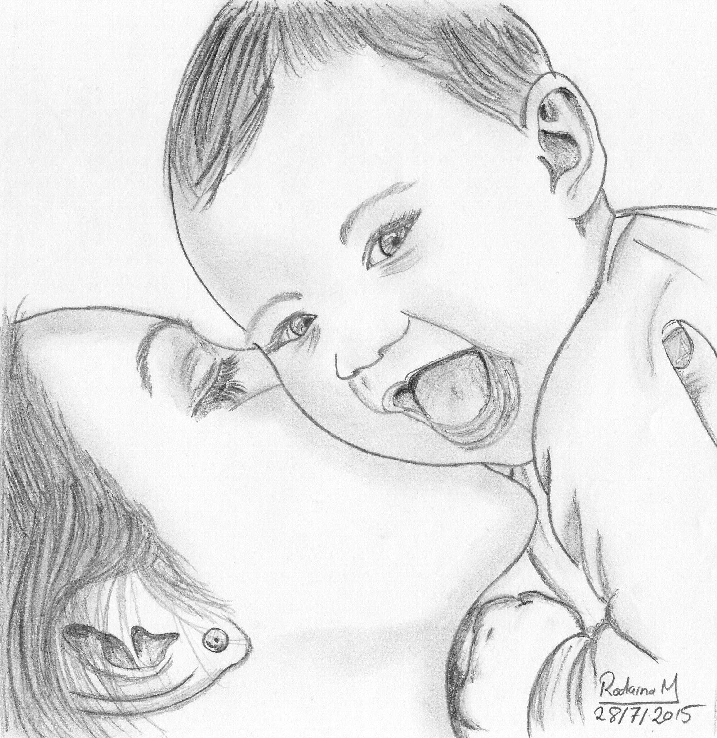 Mother and Child Drawing Detailed Sketch