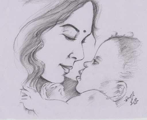 Mother and Child Drawing Realistic Sketch