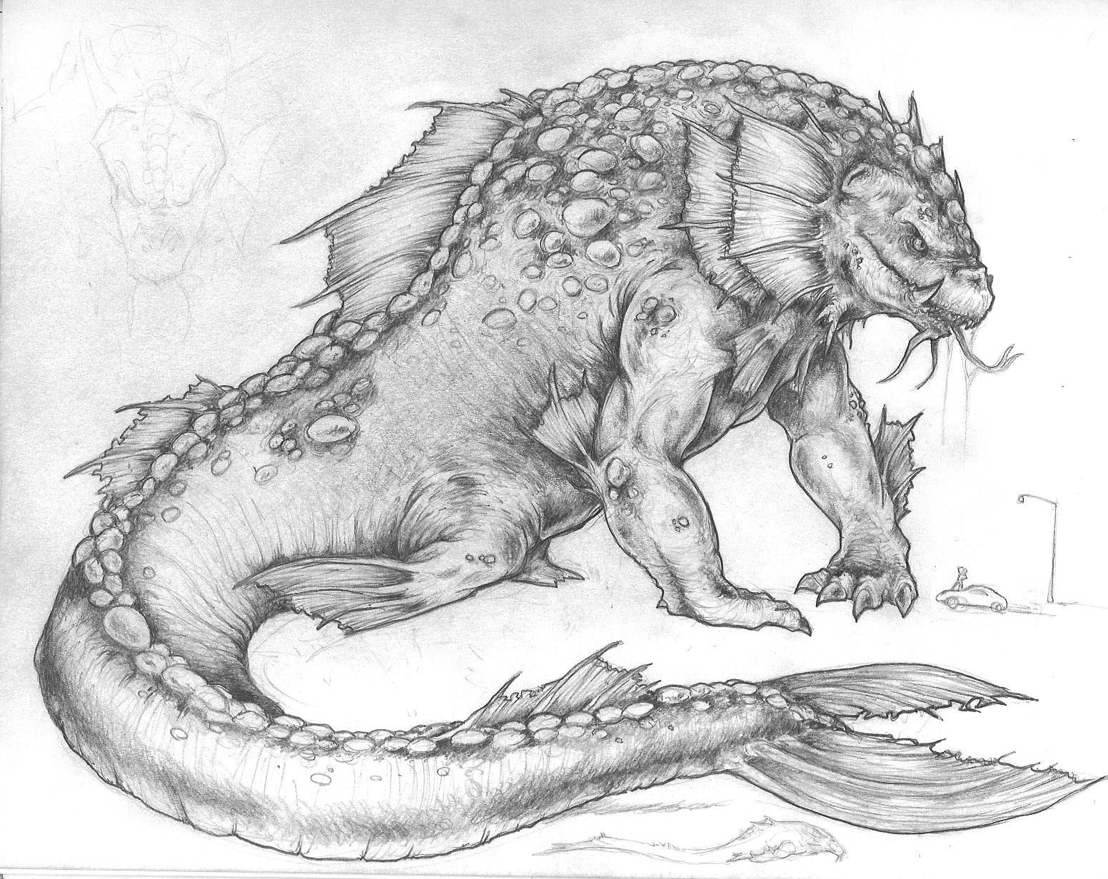 Sea Monster Drawing Detailed Sketch