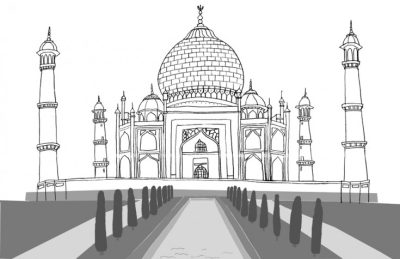 Taj Mahal, Architectural Marvel, Mughal Heritage, Romantic Symbol, Iconic Monument Drawing