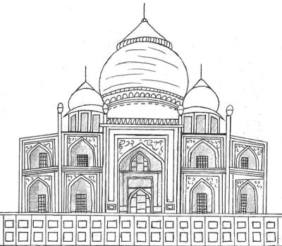 Taj Mahal, Love Monument, Mughal Heritage, Architectural Wonder, Iconic Landmark Drawing