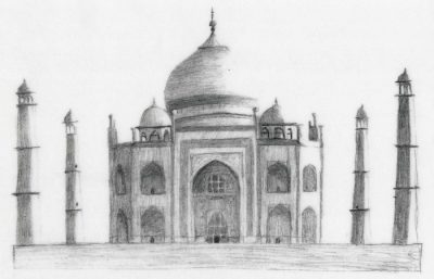 Taj Mahal, Love Monument, Mughal Heritage, Architectural Wonder, Iconic Landmark Drawing