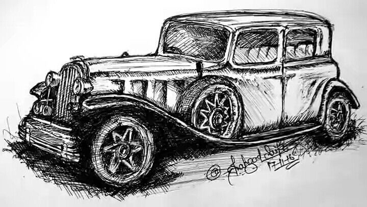 Vintage Car Drawing Detailed Sketch