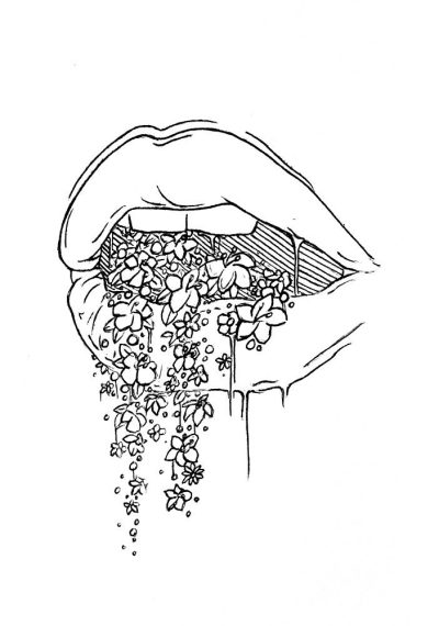 Aesthetic, Hand Holding Flowers, Mouth, Floral, Creative, Beauty Symbolism Drawing