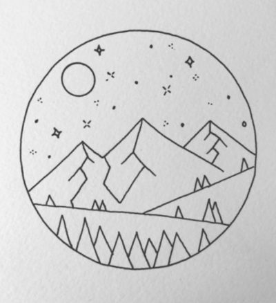 Aesthetic, Mountain Landscape, Moon, Stars, Nature, Line Drawing